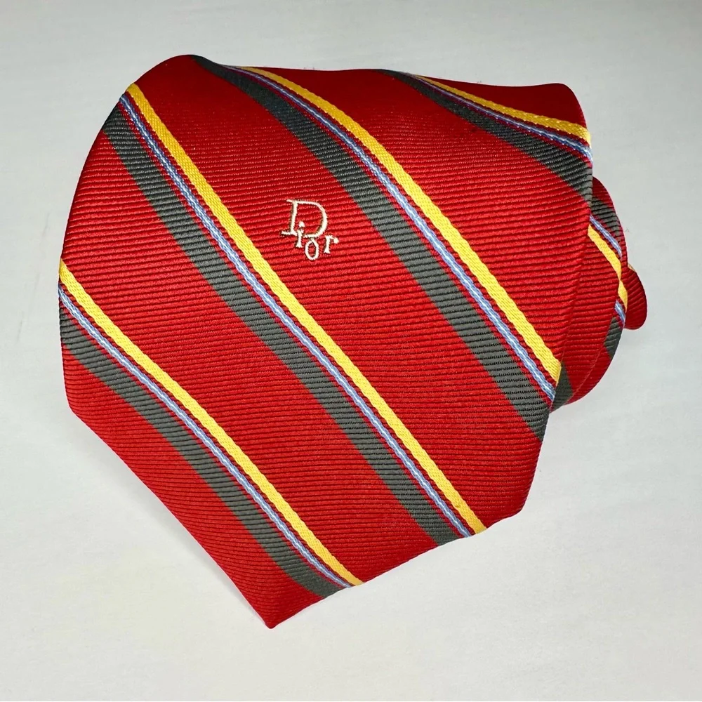 Vintage DIOR Embroidered Red Striped Classic Tie, 3” - Picture 1 of 6